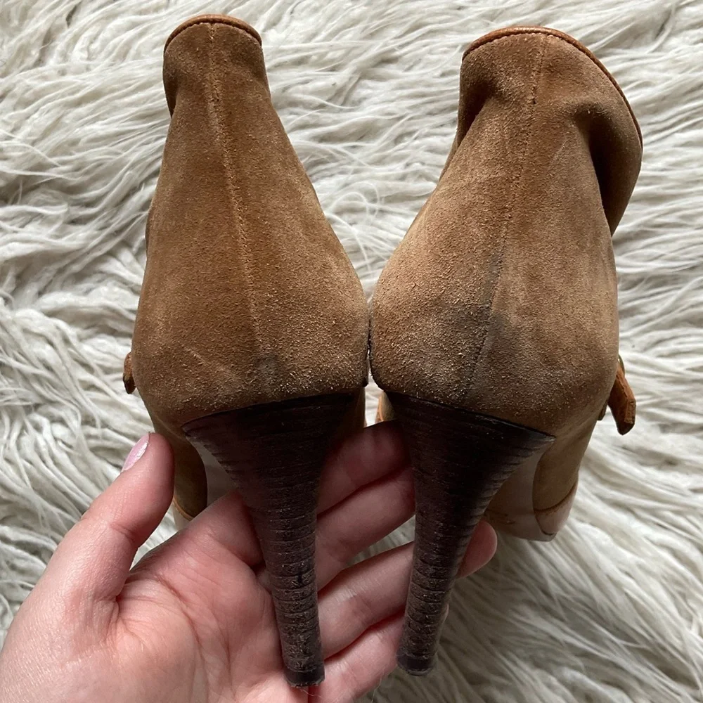 Chloe Tan Suede Leather Switch Color Block Mixed Media High Heel Booties Size 39